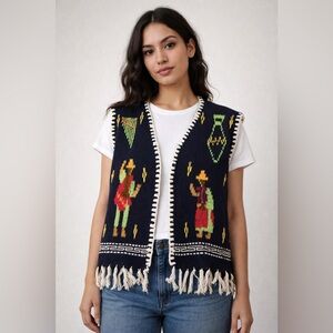 Southwest Folklore Handmade Open Front Fringe Knit Vest One Size Fits Most